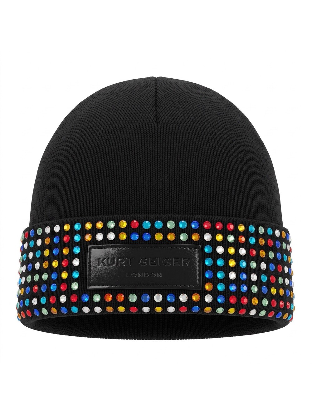 NWT Kurt Geiger Black Knit Beanie Hat Multicolor Rhinestone Studded One Size